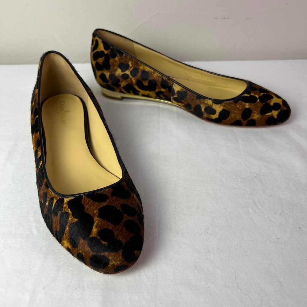 Cole Haan Astoria Leopard Calf Hair  Flats 9.5B Brown Gold Detail Luxury Chic